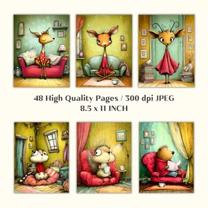 May include: A set of six whimsical art prints featuring anthropomorphic deer and other animals in cozy interior settings. The prints are in a watercolor style, with soft colors and details. The text on the image reads "48 High Quality Pages / 300 dpi JPEG 8.5 x 11 INCH".