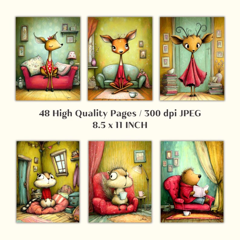 May include: A set of six whimsical art prints featuring anthropomorphic deer and other animals in cozy interior settings. The prints are in a watercolor style, with soft colors and details. The text on the image reads "48 High Quality Pages / 300 dpi JPEG 8.5 x 11 INCH".