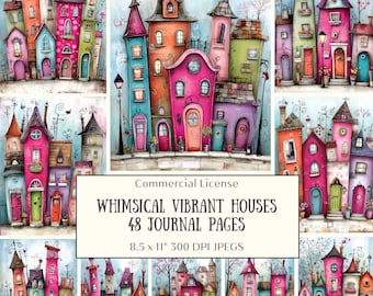 48 Whimsical Vibrant Houses Junk Journal Pages, Pink Shabby Chic Storybook Scrapbooking Paper, Fairytale Ephemera Set (Digital Download)