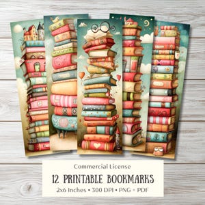12 Whimsical Book Stack Bookmarks • Printable Reading Craft (Digital Download)