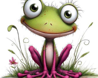12 Funny Frog Clipart PNG, Whimsical Quirky Frogs Set of Green Pink Watercolor Frogs, Junk Journal, Scrapbook, Fussy Cut, Digital Download