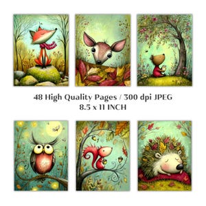 May include: A collection of six whimsical art prints featuring woodland animals. Each print showcases a different animal, including a fox, deer, bear, owl, squirrel, and hedgehog, in a colorful, illustrated style. The prints are 8.5 x 11 inches.