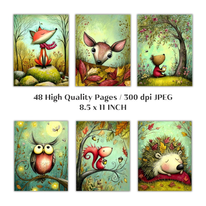 May include: A collection of six whimsical art prints featuring woodland animals. Each print showcases a different animal, including a fox, deer, bear, owl, squirrel, and hedgehog, in a colorful, illustrated style. The prints are 8.5 x 11 inches.