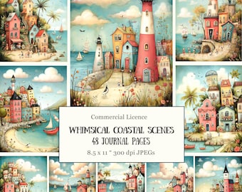 48 Whimsical Coastal Houses Junk Journal Pages • Storybook Lighthouses and Nautical Village • Summer Scrapbook • Fairy Beach Art