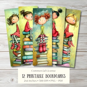 Puede incluir: Conjunto de 12 marcapáginas imprimibles con ilustraciones de niñas sentadas sobre pilas de libros. Cada marcapáginas mide 5,08 cm x 15,24 cm. La obra de arte tiene un estilo suave y pictórico con una paleta de colores cálidos.