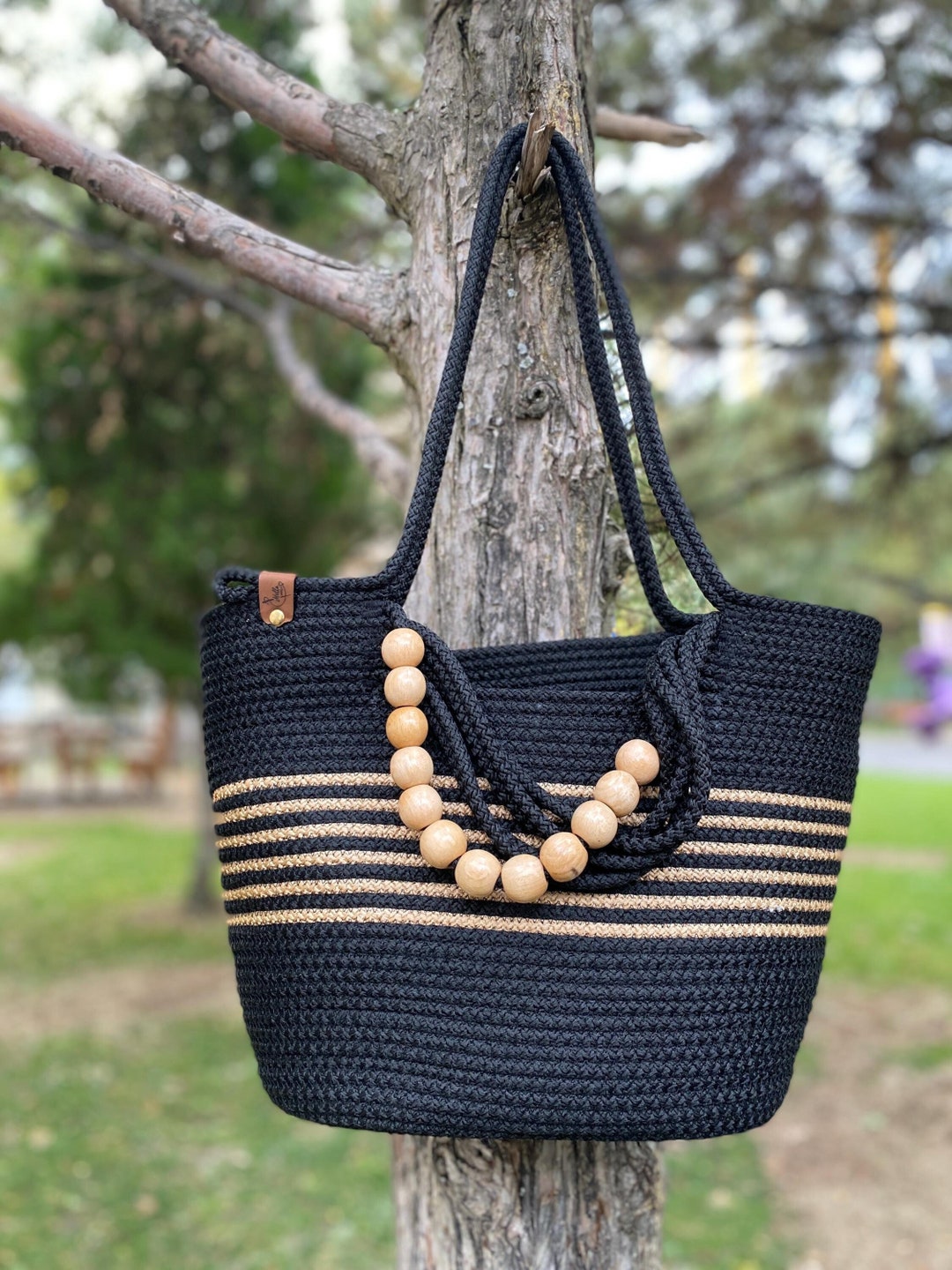 Stylish Beach Tote, Large Rope Bag With Wooden Beads, Black Top Handle ...