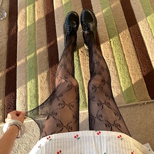 Black Ribbon Bow Patterned Fishnet Tights - Women Patterned Lace Tights - mod retro Y2K goth grunge dance red festival fairy carnival