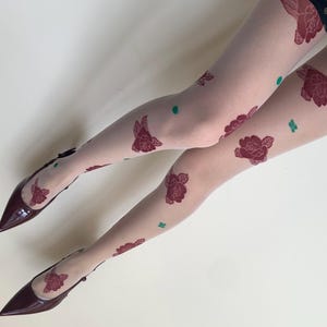 White Floral Tights for Women | Patterned Sheer Tights with Embroidered Roses & Green Leaves