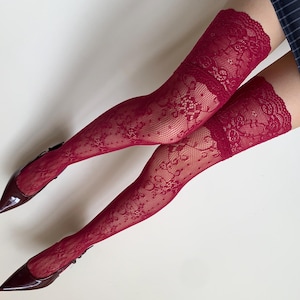 Red Stay-up Thigh High Socks | Burgundy Floral Lace Fishnet Over-the-knee Socks | Red Stockings Knee-high Fishnet Socks for Women