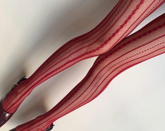 Red Stripe Fishnet Tights – Geometric Vertical Pattern Mesh Tights Pantyhose – Soft Lace Tights Hosiery for Women