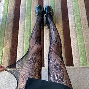 Black Gothic Floral-pattern Hallow Stretchy One-size Tights