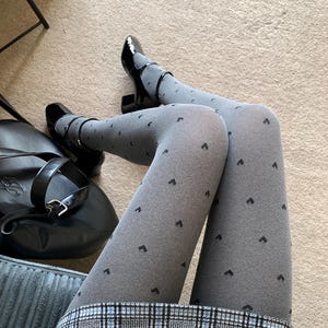 Grey & Black Pantyhose – Polka Dot with Heart Pattern Tights, Soft Warm Stockings for Fall/Winter, Cute Grey Pattern Tights