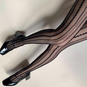 Black Geometric Striped Pattern Fishnet Tights – Vertical Stripes, Diamond & Loop Pattern Fishnets, Black Patterned Tights Pantyhose