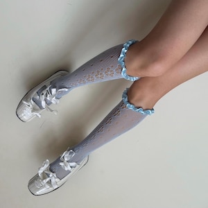 Blue Floral Knee High Frilled Socks | Baby Blue Summer Socks with Satin Frill | Women Ruffle Socks Unique Socks Fashion Socks