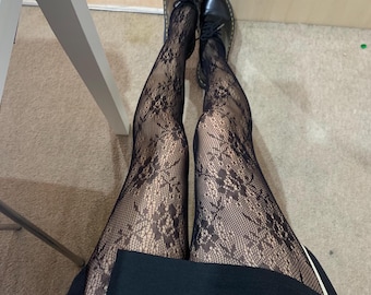 Black Fishnet Tights with Rose Floral Pattern – Vintage Goth Aesthetic Women Tights, Dark Romantic Floral Print Hollow Tights – Gift for her