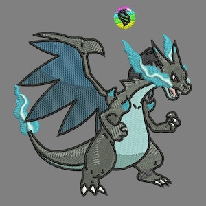 May include: Embroidered design of a gray and blue dragon with blue flames and wings. A colorful circular emblem is above the dragon. The dragon is in a battle stance, with its mouth open and claws extended.
