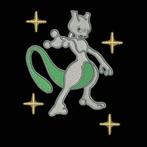 May include: Embroidered design of a gray and green creature with a long tail, set against a black background. The creature is surrounded by four gold starbursts. The design is detailed and textured.