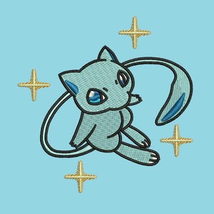 May include: Embroidered light blue cartoon character with large eyes and long tail, surrounded by four gold starbursts on a light blue background. The character has black outlines and blue accents.