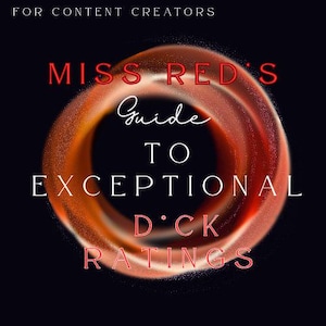 Könnte beinhalten: Ein rotes und orangefarbenes Wirbeldesign mit dem Text "Miss Red's Guide to Exceptional D.C.K Ratings" in Weiß.