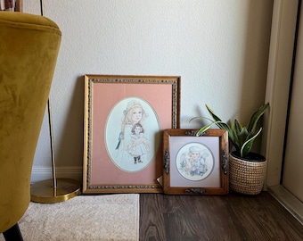 Conjunto de litografias vintage Jan Hagara: menina e boneca ABBY, menino DAVID e coelho
