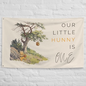 Pancarta clásica de primer cumpleaños de Winnie the Pooh, primer cumpleaños de bebé, fondo de Little Hunny, bandera de fiesta neutral, cumpleaños de Honey Bear, cumple 1 año