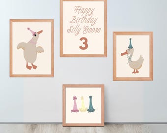 Impressões para festa de aniversário do Silly Goose: decoração desenhada à mão (4 arquivos PDF personalizáveis)