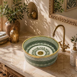 May include: A round ceramic vessel sink featuring a dark green and white intricate geometric and floral pattern on the interior and exterior, finished with a polished gold rim and a matching gold-toned drain assembly in the center of the basin.