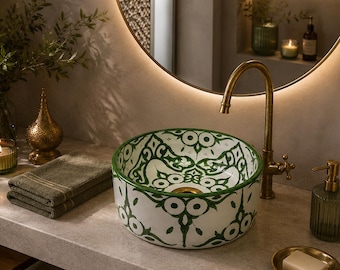 Green and White Ceramic Vessel Sink, Handmade Moroccan Bathroom Sink