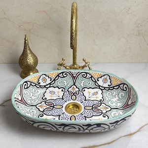 LAVABO DE CERÁMICA OVALADO Pintado a mano, Lavabo de cerámica ovalado marroquí artesanal y artístico, Lavabo de baño tradicional, Lavabo ovalado de encimera