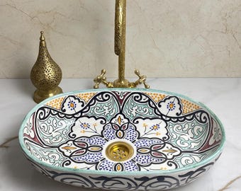 Lavabo ovale marocain en céramique peint à la main : vasque de salle de bain noir et blanc