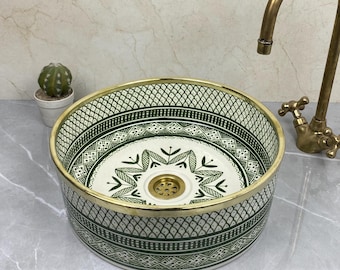Handmade Green Ceramic Sink: Moroccan Bathroom Vessel Basin with Brass Rim