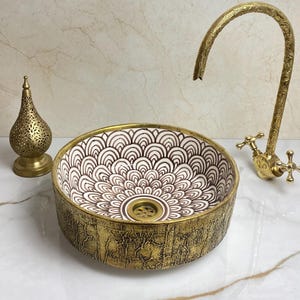 Wrapped BRASS CERAMIC SINK, Bathroom Vessel Sink Round, Countertop Porcelain Vanity Basin Sink, Custom Made Farmhouse Washbasin