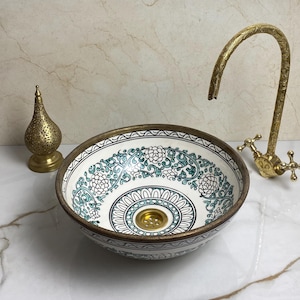 Hand Painted Floral Ceramic SINK with Brass Gold Rim, Traditional Round Basin Sink, Bathroom Vanity Centerpiece Sink