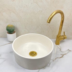 Handmade Off White Ceramic Sink: Modern Bathroom Basin with Brass Drain