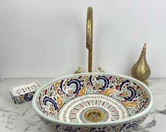 Lavabo ovale marocain en céramique peint à la main : vasque de salle de bain noir et blanc