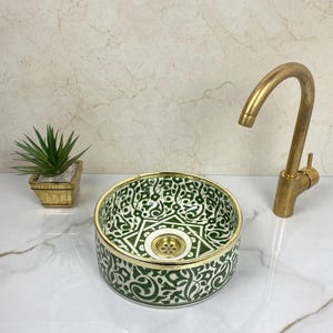 Green Ceramic  Sink - Bathroom Vessel Verde Washbasin Sink - Eco friendly Round Basin Bowl - Solid Brass Rimed wash hand sink