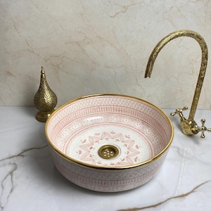 Handcrafted Pink Ceramic Bathroom Sink - Moroccan Vessel Basin with Brass Rim