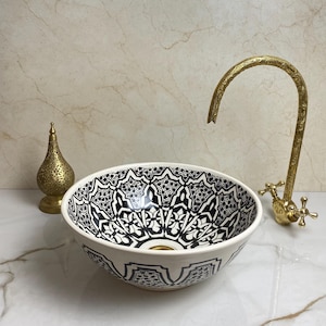 Modern Black and White Round Bathroom Sink, Handcrafted Countertop Lavatory Vessel