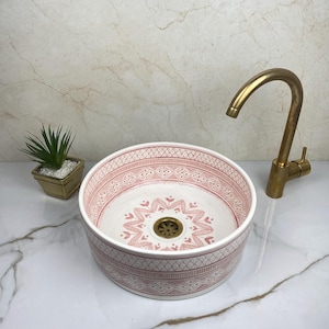 Handmade Pink SHEBKA  Ceramic Sink – Modern Bathroom Basin with Elegant Finish, Countertop Washbasin, Unique Artisan Craft with Brass Drain