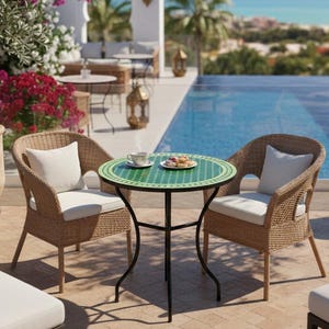 Handmade Moroccan Zellige Mosaic Table, Green Round Patio/Bistro/Garden Furniture, Wrought Iron Base