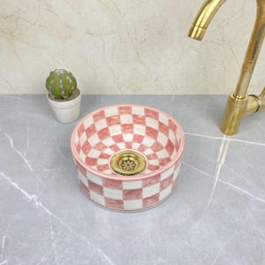 Handmade Pink Ceramic Sink – Modern Bathroom Basin with Elegant Finish, Countertop Washbasin, Unique Artisan Craft with Brass Drain
