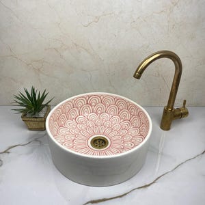 Pink & White Ceramic Sink Basin – Mid-Century Modern Artisan Farmhouse Vanity Sink, London Style Bathroom Washbasin