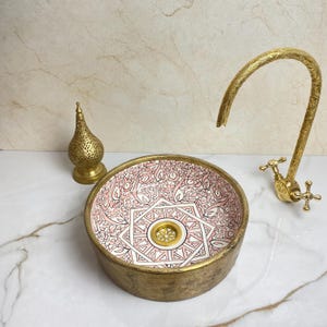 Wrapped BRASS CERAMIC SINK, Bathroom Pink Vessel Sink Round, Countertop Porcelain Vanity Basin Sink, Custom Made Farmhouse Washbasin
