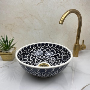 Black and White Ceramic Wash Basin – Handmade Moroccan Sink with White Rim for Bathroom or Vanity