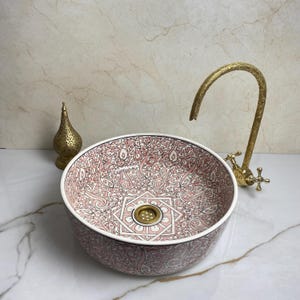Handmade Pink WARDA  Ceramic Vessel Sink – Modern Bathroom Countertop Wash Basin with Brass Drain – Round Porcelain Vanity Bowl