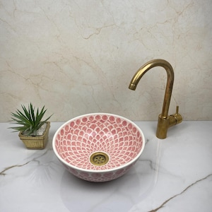 Pink and White Ceramic Wash Basin – Handmade Moroccan Sink with White Rim for Bathroom or Vanity