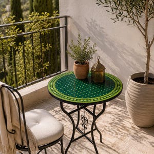 Può includere: Un tavolo rotondo con un piano in mosaico verde caratterizzato da un motivo geometrico giallo, sostenuto da una struttura in metallo nero. Sul tavolo si trovano una piccola pianta in un vaso di terracotta e una lanterna in metallo dorato.
