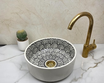Handcrafted Moroccan Ceramic Sink: Black & White Artisan Washbasin