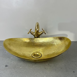 Unlacquered Brass Sink, Oval Hammered Vessel Sink for Bathroom & Vanity Gold Finish, Moroccan Basin handmade