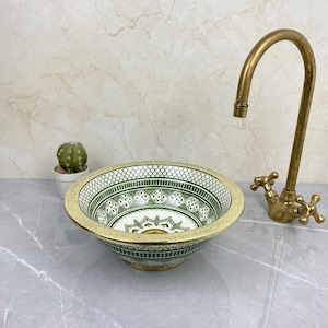 Vintage Mid Century Modern Moroccan Sink – Green Ceramic Washbasin with Brass Rim, Handmade Countertop Basin